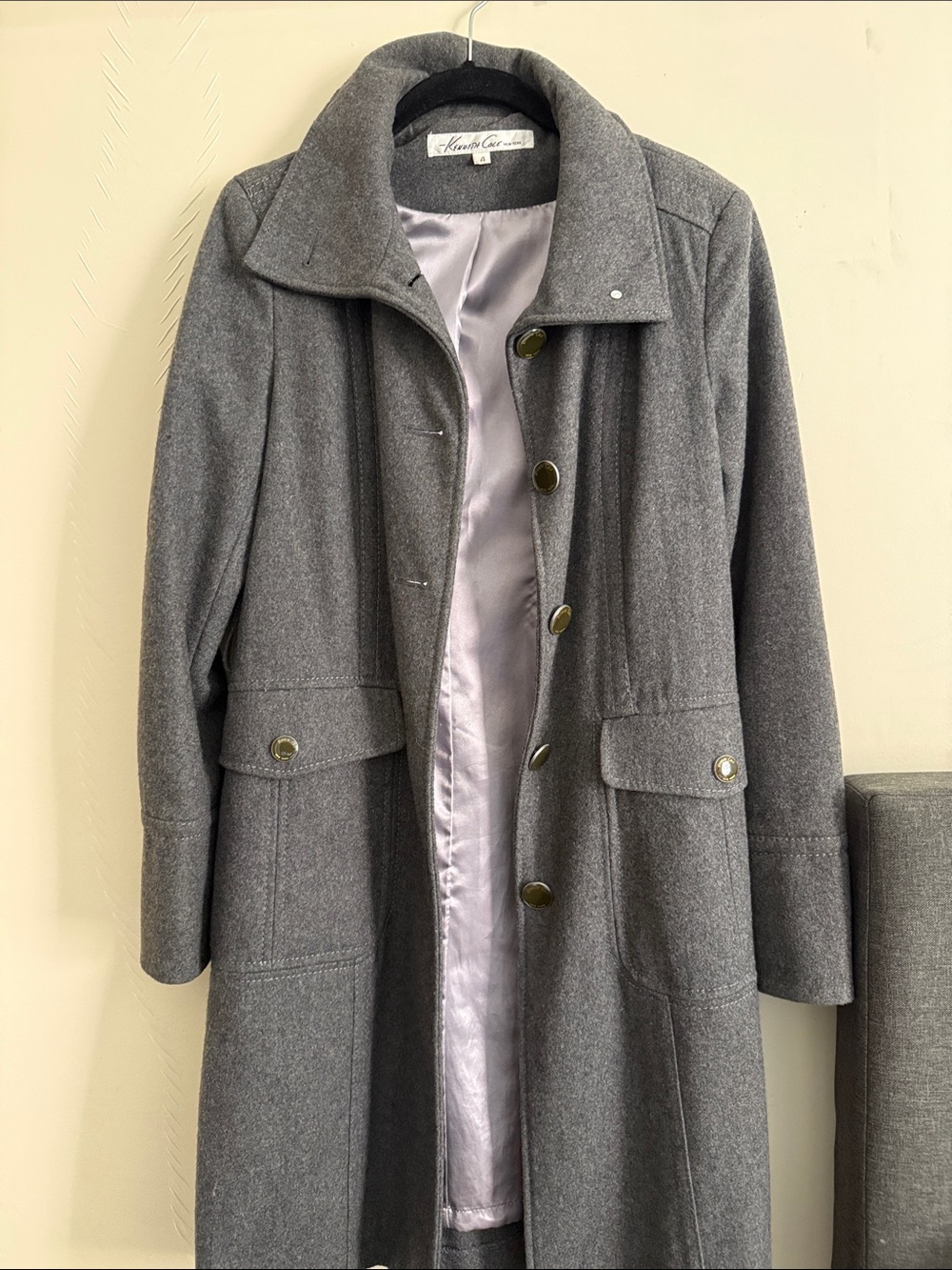 Kenneth Cole Gray Single-Breasted Wool Blend Trench Coat